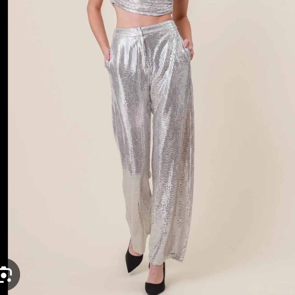 Line & Dot Sparkly Gold & Silver Hologram Sequin High Rise Glow Up Pants NWT XS